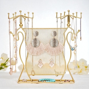 Gold Metal Jewelry Display Stand: Earring, Necklace, Ring & Bracelet Holder