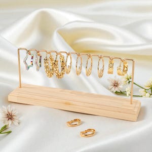 Gold Earring Holder & Necklace Stand – Minimalist Jewelry Display with Wood Base, Hoop Organizer for Vanity or Dresser Decor
