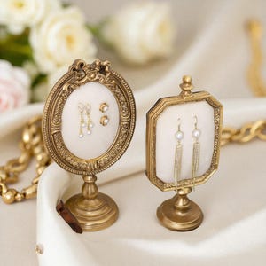 Vintage Gold Jewelry Display: Necklace & Earring Holder, Velvet Backing
