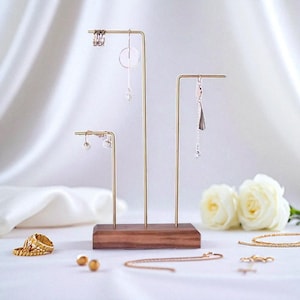 Gold Metal Jewelry Stand with Walnut Wood Base – Necklace & Bracelet Holder, Minimalist Jewelry Organizer, Vanity Display Rack