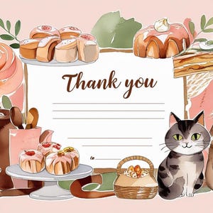 Cute Cat Bakery Thank You Card Printable – Cozy Watercolor Gift Insert, Digital Download for Small Business or Gifts