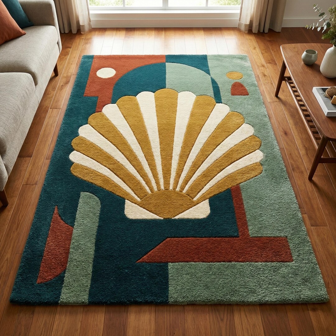 Blue White Shell Rug Blue Yellow Scallop Shell Rug, Modern Tufted Abstract Wool Area Carpet ...
