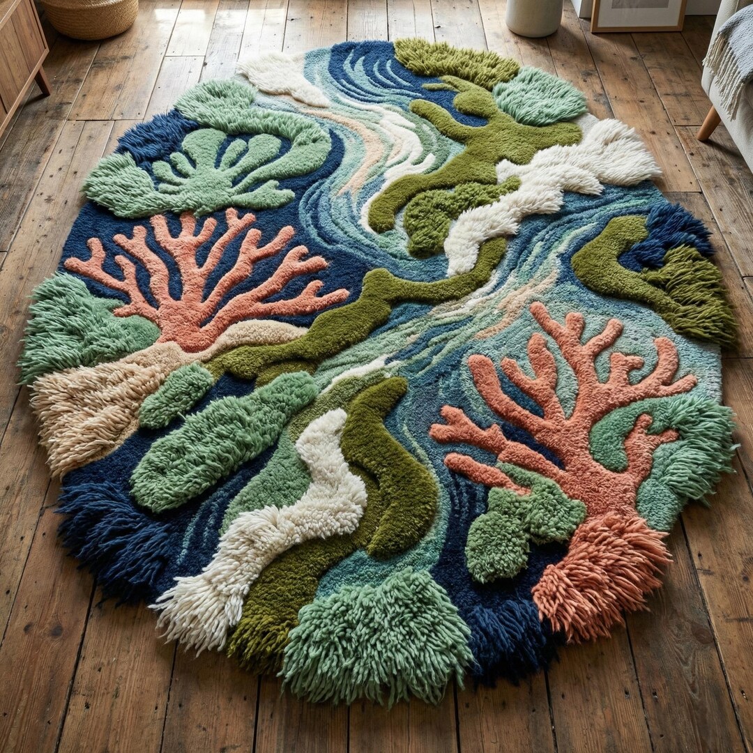 Coral Reef Wool Rug, Ocean Blue Round Tufted Abstract Coastal Area Rugs ...