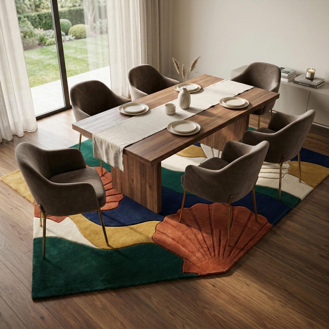 Varkala Shell Rug Coastal Scallop Shell Wool Rug, Hand Tufted Wave Abstract Area Dining ...