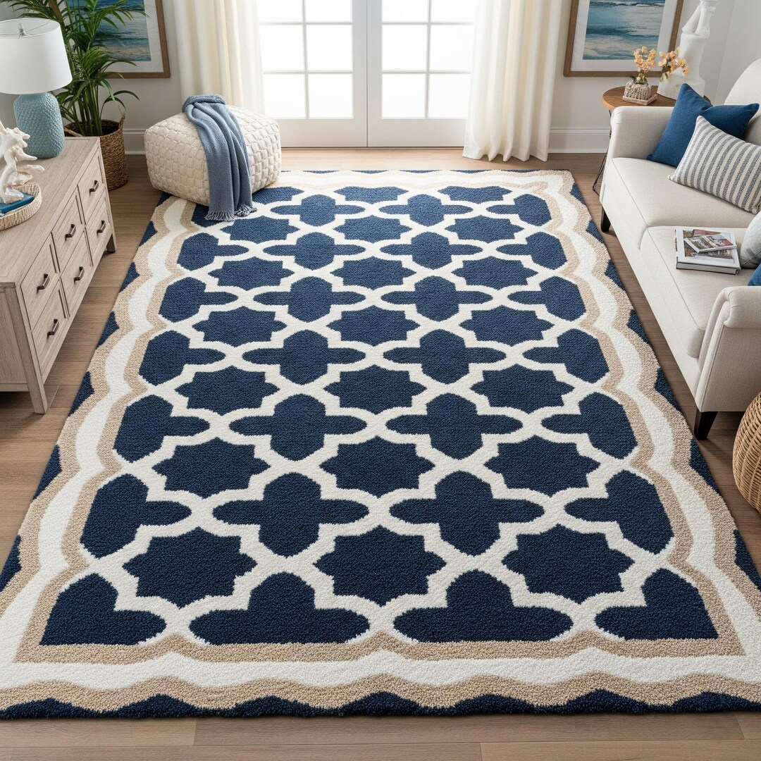 Deep Blue Ivory Beige Trellis Hand Tufted Wool Rug, Modern Geometric ...
