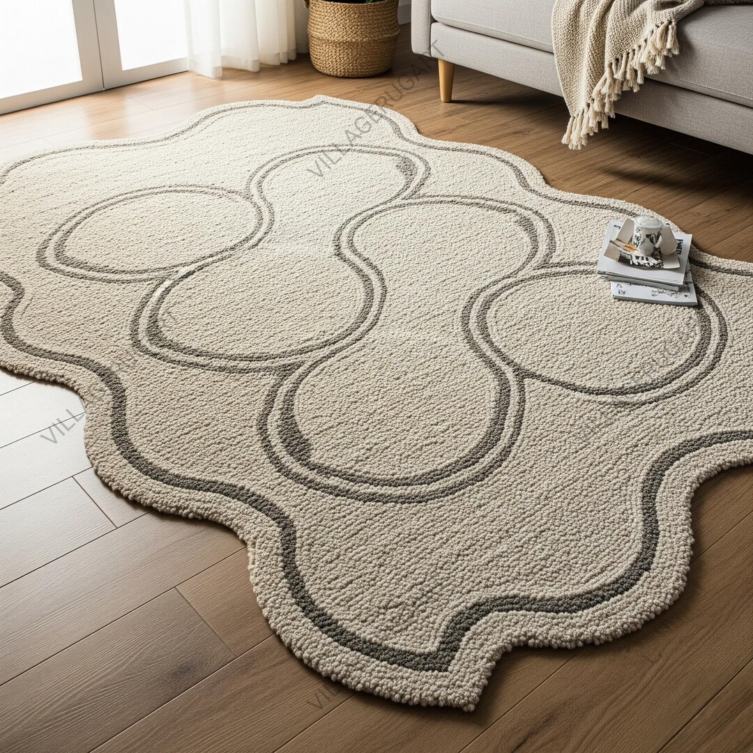Irregular Beige Deep Grey Wavy Hand Tufted Wool Area Rugs for Bedroom ...