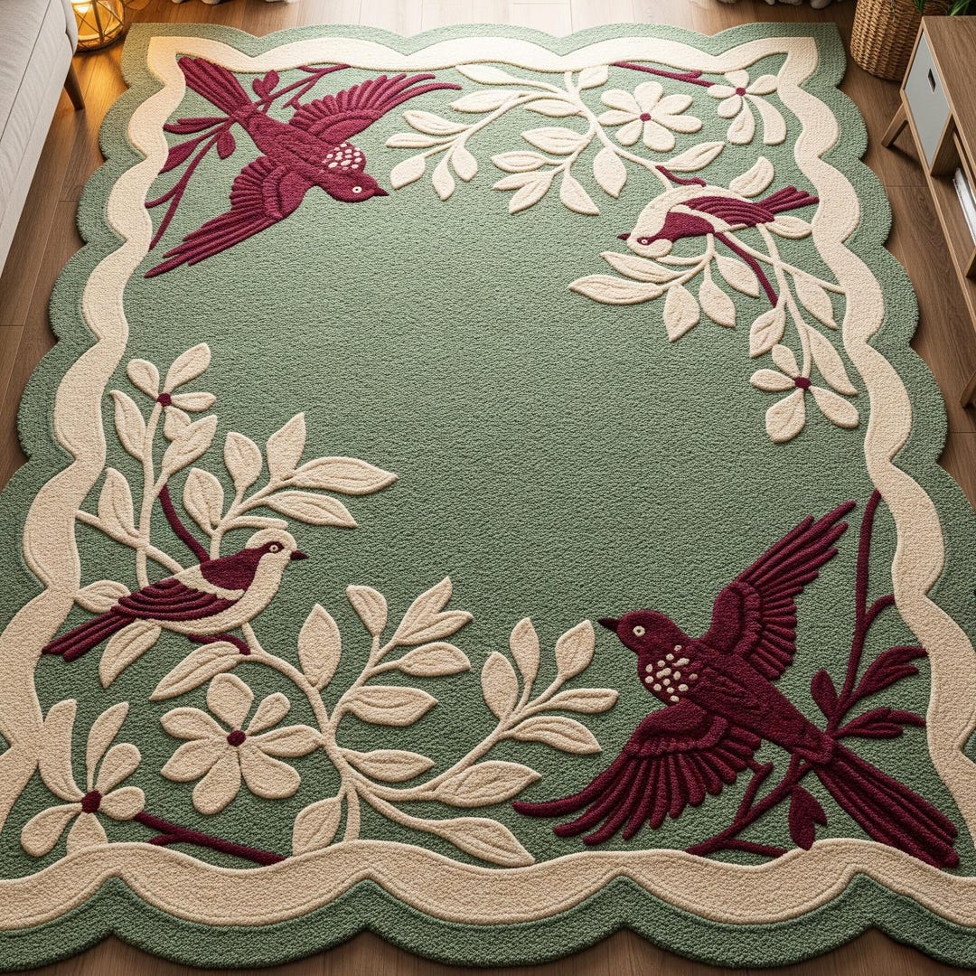Sage Green Floral Bird Wool Rug, Handmade Scalloped Area Rugs for ...