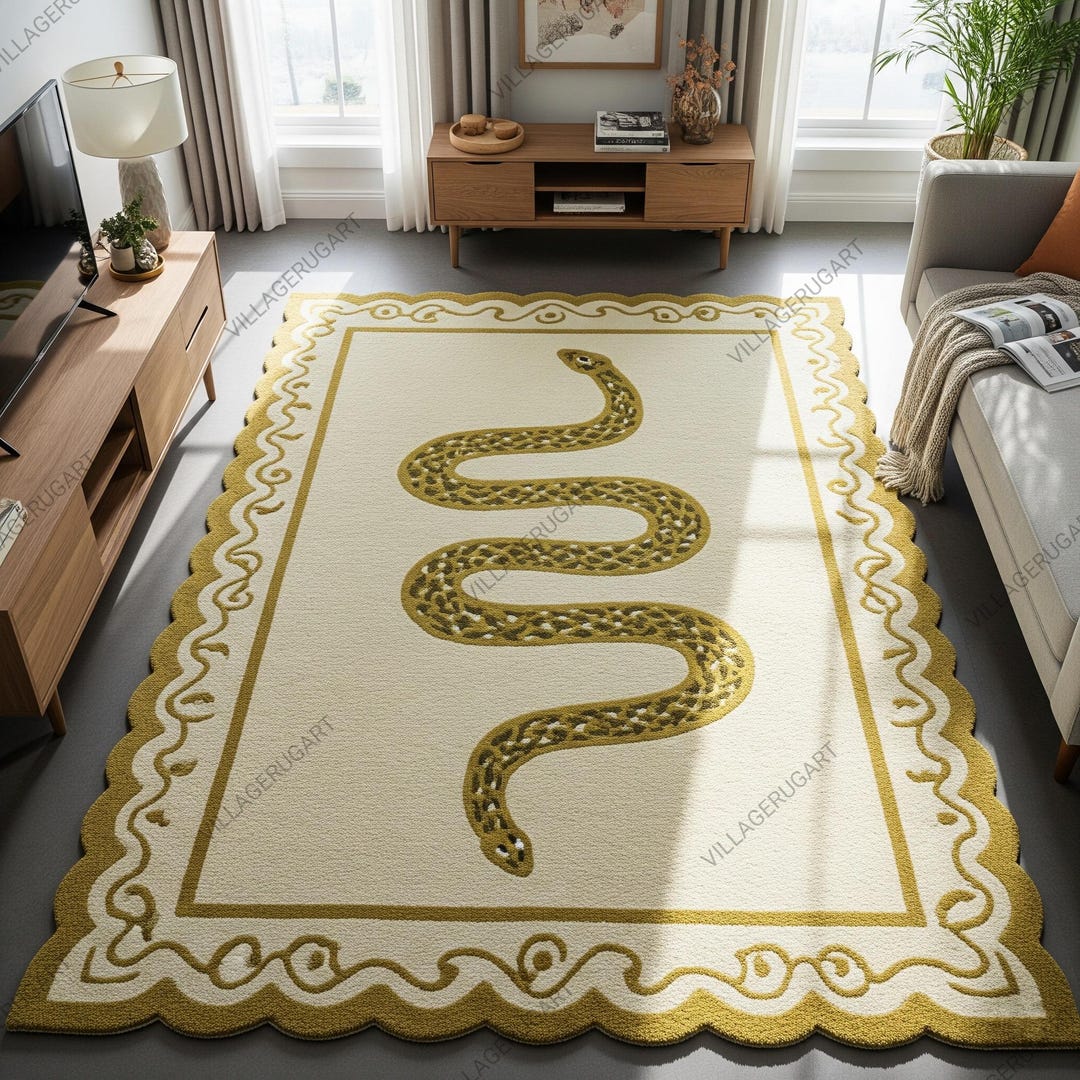 Whitesnake Rug Off White Golden Snake Hand Tufted Rug, Modern Scalloped Wool Area Rugs ...