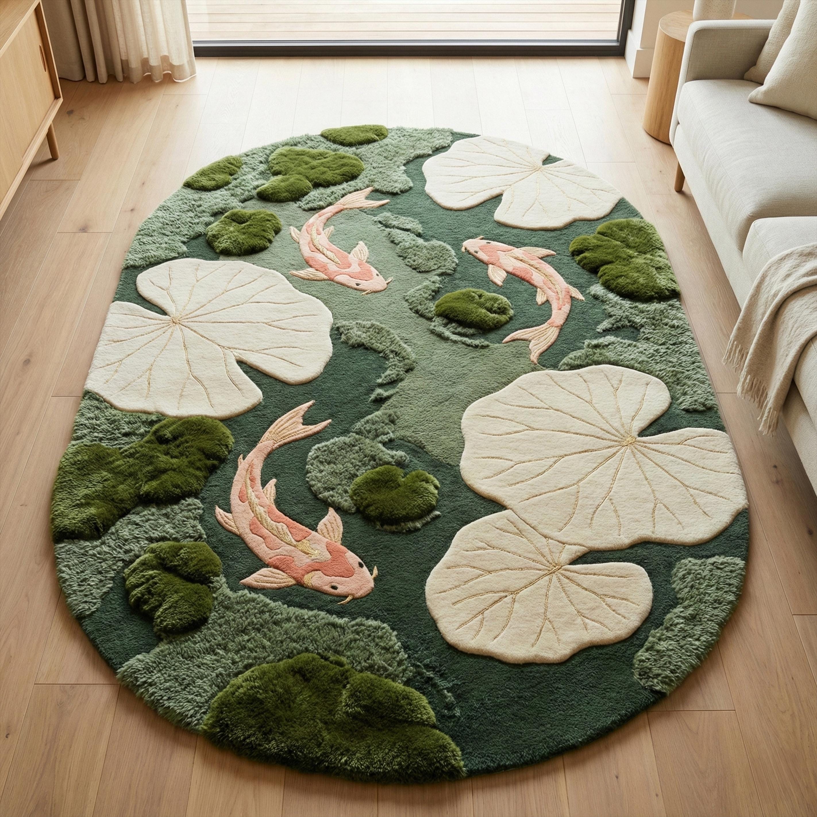 Pond/water Rug Koi Fish Pond Tufted Wool Rug, Green Lily Pad Botanical Area Rugs for ...