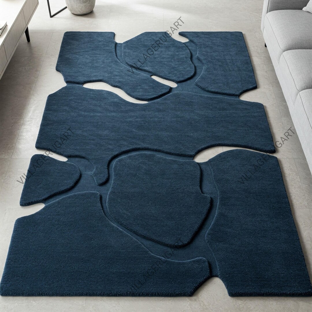 Navy Blue Abstract Wool Rug, Hand Tufted Cut Pile Area Carpet for ...