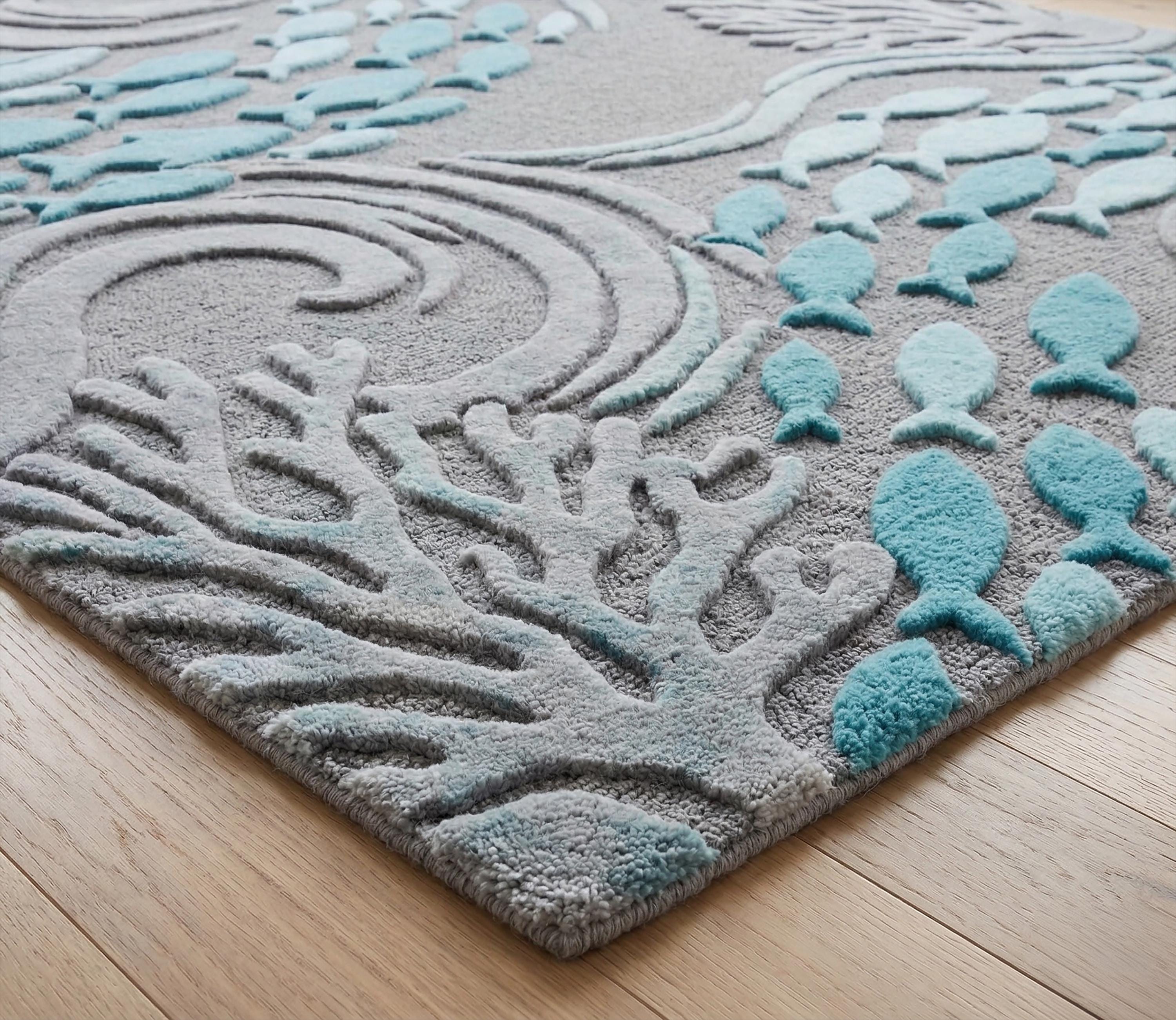 Gray Aqua Fish Wool Rug, Hand Tufted Abstract Ocean Wave Rugs - Etsy