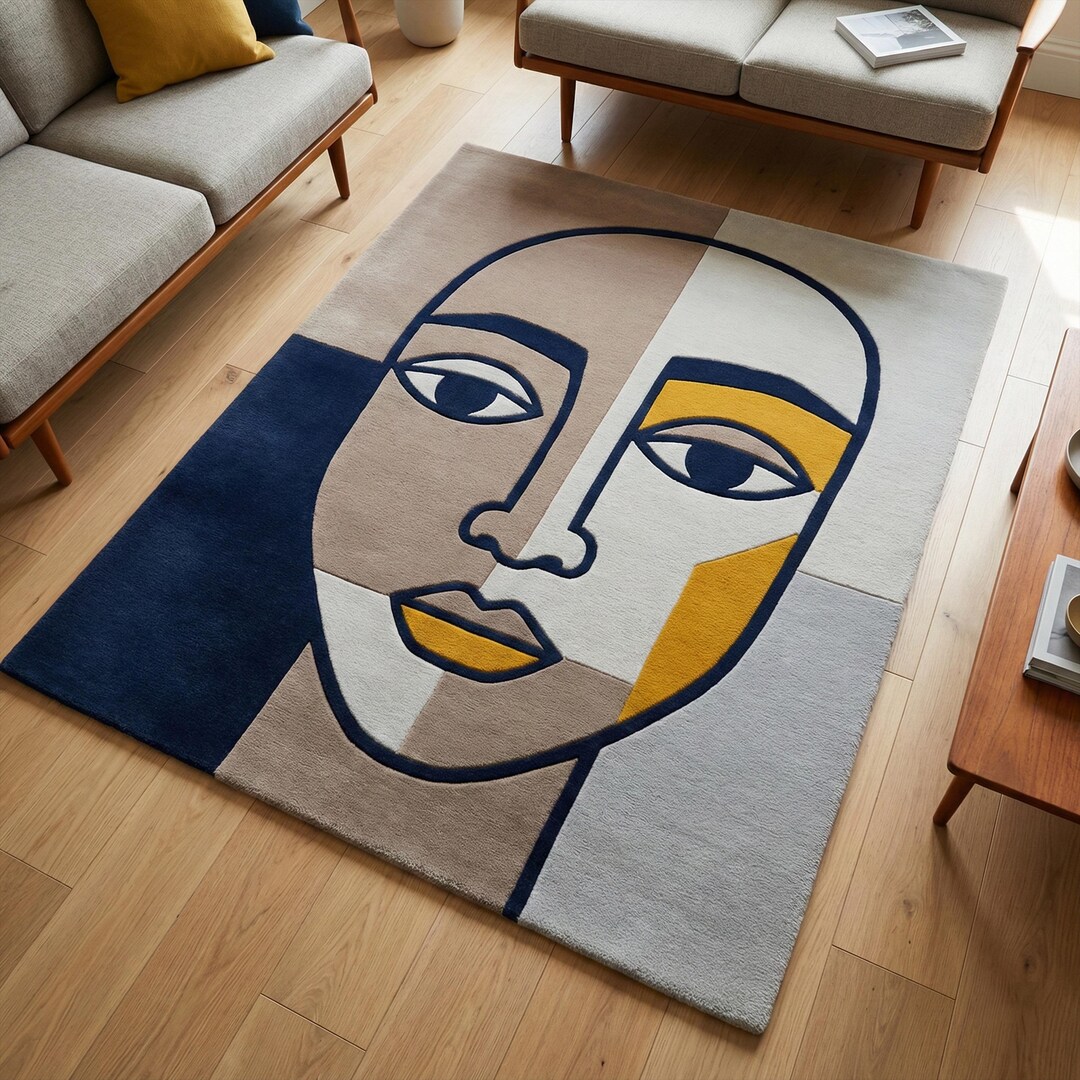 Simplistic Face Rug Modern Face Rug, Blue Beige Hand Tufted Custom Wool Area Rugs - Etsy