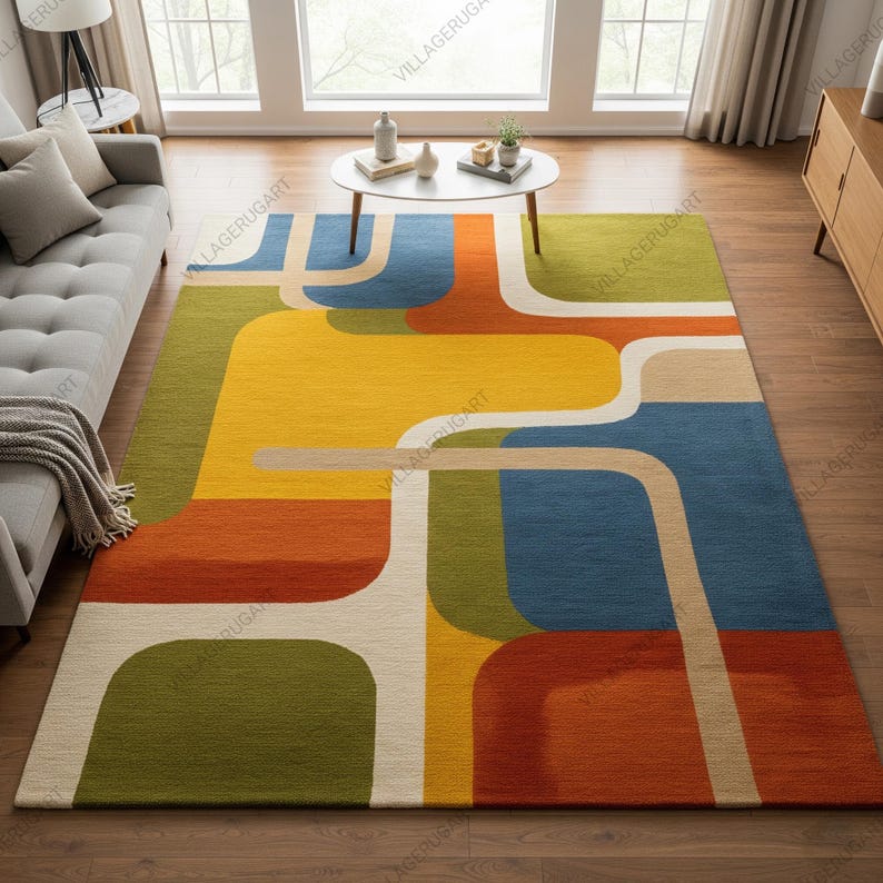 Colorful Abstract Wool Rug, Mid Century Hand Tufted Living Room Area ...