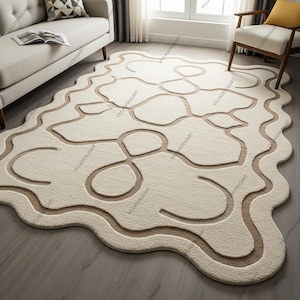 Cream Light Brown Abstract Hand Tufted Wool Rug, Modern Wavy Edge Irregular Organic Shape Living Room Rug, 5x7 Contemporary Custom Area Rugs