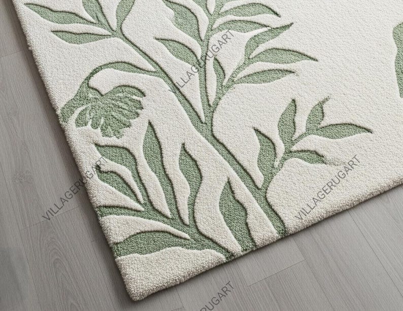 Ivory Sage Green Botanical Rug, Hand Tufted Floral Wool Area Rugs for ...