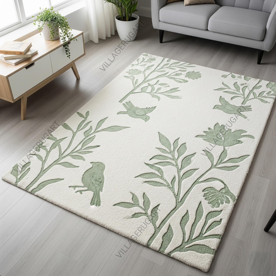 Ivory Sage Green Botanical Rug, Hand Tufted Floral Wool Area Rugs for ...