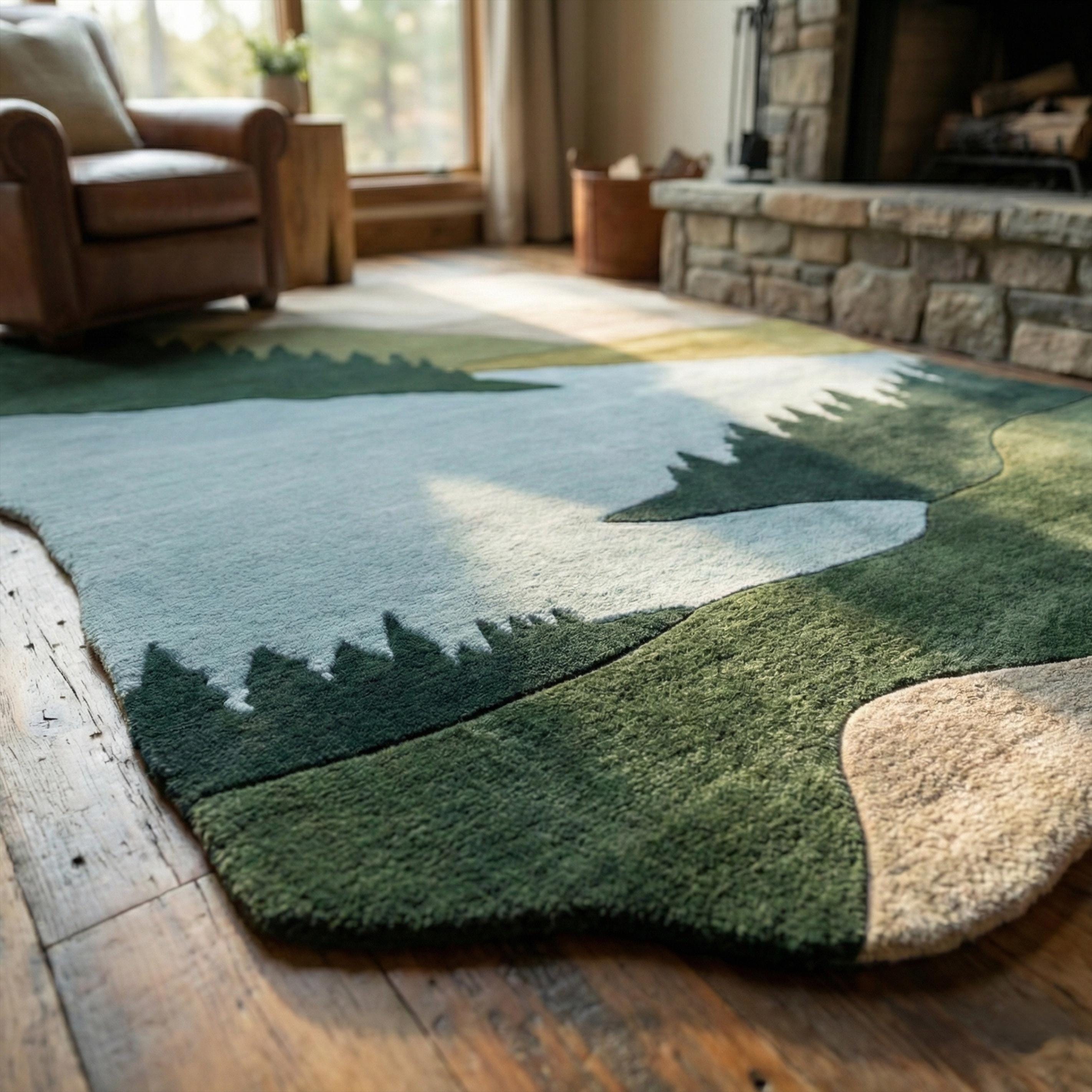 Lake Forest Wool Area Rug, Irregular Hand Tufted Blue Green Nature Rugs ...