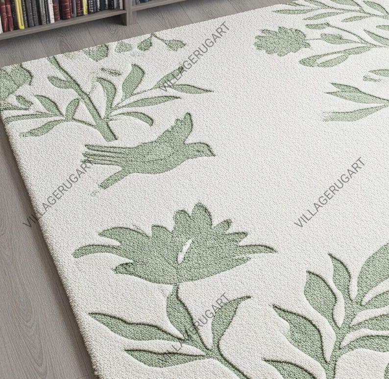 Ivory Sage Green Botanical Rug, Hand Tufted Floral Wool Area Rugs for ...