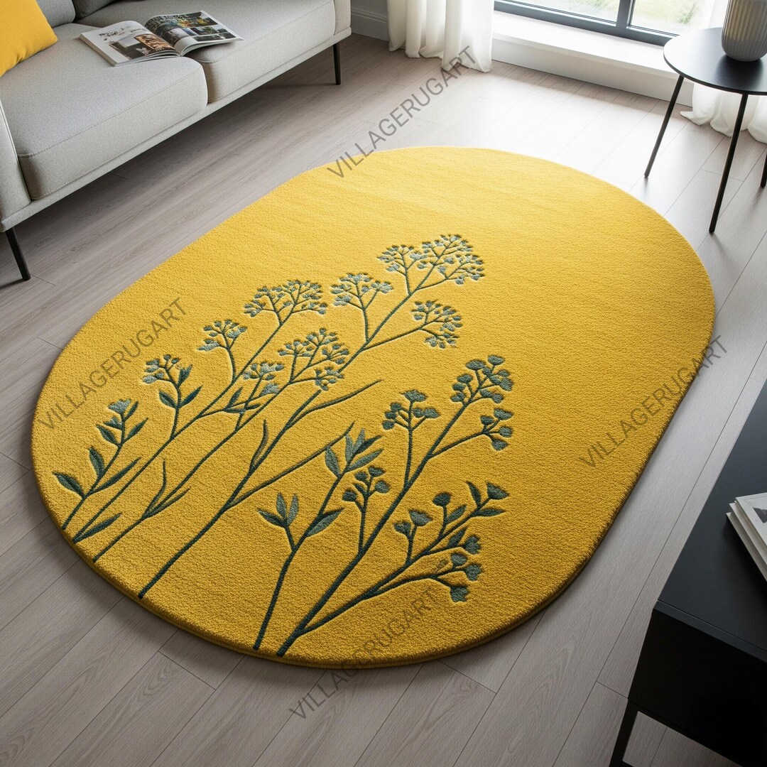 Mustard Yellow Floral Wool Rug, Modern Hand Tufted Oval Area Rugs - Etsy