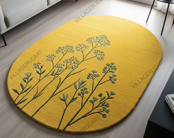 Mustard Yellow Floral Wool Rug, Modern Hand Tufted Oval Area Rugs