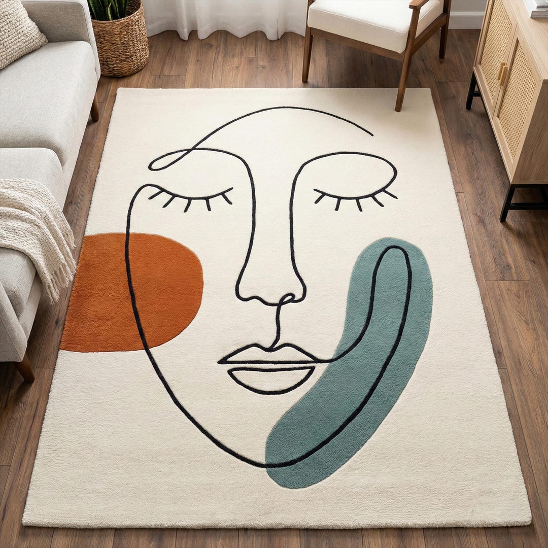 White Abstract Face Wool Rug, Hand Tufted Line Art Rugs for Living Room ...