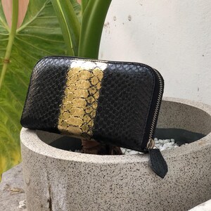 Op de afbeelding: Zwarte en gouden portemonnee met slangenpatroon en ritssluiting. De portemonnee heeft een verticale gouden streep in het midden. De portemonnee staat in een betonnen plantenbak met een groene plant op de achtergrond.