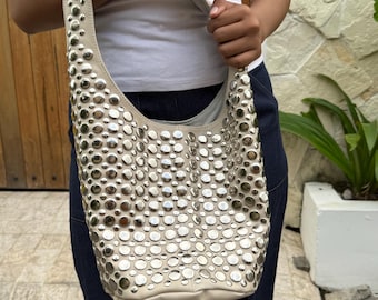 Studded Bag Genuine Leather Cream