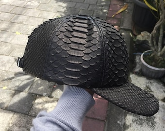 Genuine Python Skin Cap: Handmade Black Leather Hat
