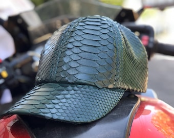 Green Python Skin Cap: Handmade Exotic Leather Hat