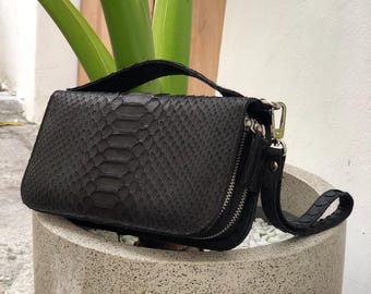 Handmade Python Double Zipper Wallet - Black Genuine Skin