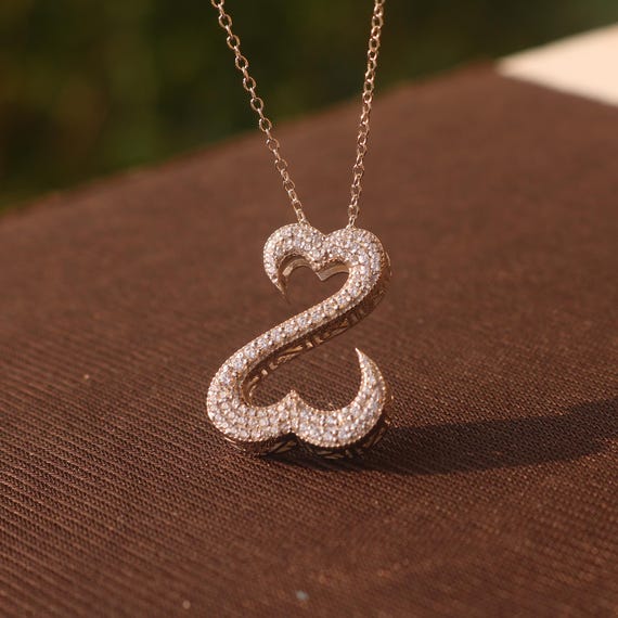 Moissanite Open Heart Pendant Necklace: Sterling Silver, D/FL, Rhodium Plated