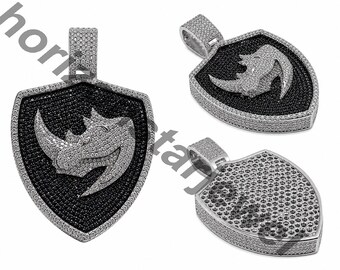 Rhinoceros Shield Pendant Necklace | CZ Stone Rhino Head Medallion Charm | Luxury Hip Hop Animal Jewelry Gift