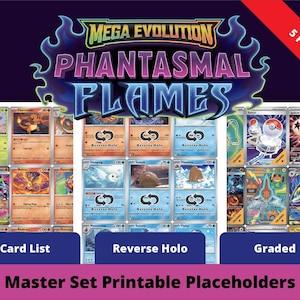 以下が含まれることがあります： 「Card List」、「Reverse Holo」、「Graded」のセクションに分けられたポケモンカードのデジタル製品画像。「MEGA EVOLUTION PHANTASMAL FLAMES」のタイトルが大きく表示され、右上には「5 Files!」の文字。印刷可能なプレースホルダー用。