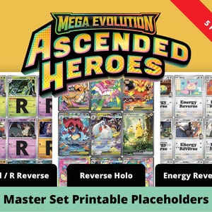 May include: A digital print featuring a collection of trading card placeholders. The cards are arranged in rows and columns, with various colorful illustrations and text. The title "MEGA EVOLUTION ASCENDED HEROES" is displayed at the top, with the text "5 Files!" on a red banner.
