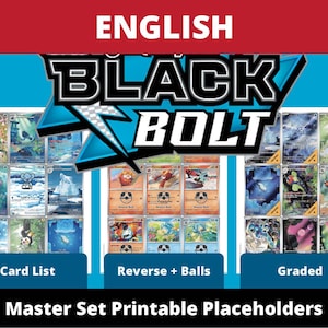 May include: A graphic featuring the text "ENGLISH" in white on a red banner, with the words "BLACK BOLT" in a stylized blue and black design. Below are three sets of trading cards labeled "Card List", "Reverse + Balls", and "Graded". The text "Master Set Printable Placeholders" is at the bottom.
