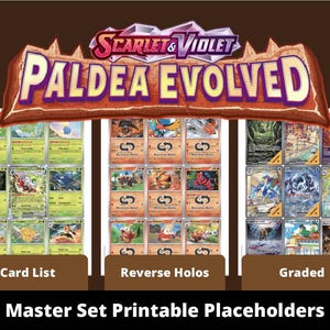 May include: A display of "Scarlet & Violet Paldea Evolved" trading cards, divided into sections: "Card List," "Reverse Holos," and "Graded." The text "Master Set Printable Placeholders" is at the bottom of the image.