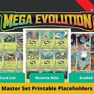 May include: A selection of Pokémon trading cards, with the "MEGA EVOLUTION" logo prominently displayed. The cards are labelled as "Card List," "Reverse Holo," and "Graded." The image also includes the text "Master Set Printable Placeholders."