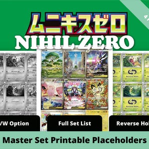 May include: A green graphic with Japanese and English text: "ムニキスゼロ" and "NIHIL ZERO". The image shows trading card options: B/W, Full Set List, and Reverse Holos. The text "Master Set Printable Placeholders" is at the bottom of the image.