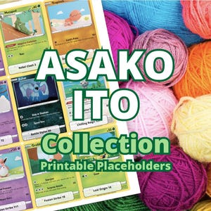 Op de afbeelding: Printbare placeholders met karakterontwerpen en kaartontwerpen, met de tekst "ASAKO ITO Collection Printable Placeholders". Op de achtergrond liggen bollen wol in roze, paars, geel en oranje.