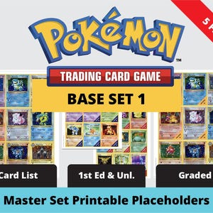 Puede incluir: Una impresión digital que presenta cartas coleccionables de Pokémon del Set Básico 1. La imagen incluye el logotipo de Pokémon, el texto "TRADING CARD GAME" y "BASE SET 1." El texto adicional incluye "Card List", "1st Ed & Unl." y "Graded."