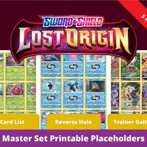 Könnte beinhalten: Digitaldruck mit einem "Sword & Shield Lost Origin" Kartenset. Das Bild zeigt verschiedene Kartentypen, darunter "Card List", "Reverse Holo" und "Trainer Gallery". Das Design enthält den Text "Master Set Printable Placeholders".