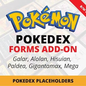 Könnte beinhalten: Das Bild zeigt das Pokémon-Logo in Blau und Gelb über dem Text "POKEDEX FORMS ADD-ON". Das Add-on enthält Galar-, Alolan-, Hisuian-, Paldea-, Gigantamax- und Mega-Formen. Im Hintergrund sind verschiedene Pokémon-Karten zu sehen.