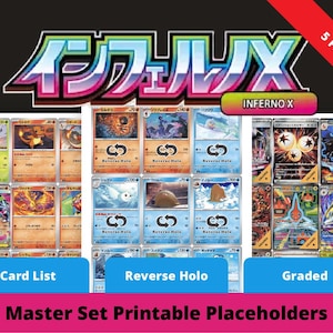 May include: A selection of vibrant trading cards, featuring Japanese characters and the title "INFERNO X." The image is split into sections: "Card List," "Reverse Holo," and "Graded." The text "Master Set Printable Placeholders" is displayed at the bottom.