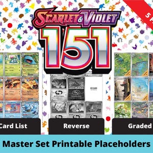 Op de afbeelding: Een digitale print met Pokémon-kaarten uit de Scarlet & Violet 151 set. De afbeelding is verdeeld in secties: "Card List", "Reverse" en "Graded". De achtergrond is versierd met Pokémon-personages. De tekst "5 Files!" is zichtbaar.