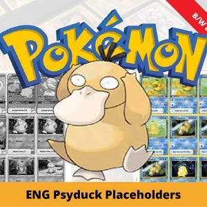 Könnte beinhalten: Eine Sammlung von Pokémon-Sammelkarten mit Psyduck, mit dem Pokémon-Logo in Blau und Gelb. Das Bild enthält Farb- und Schwarz-Weiß-Versionen der Karten, mit dem Text "B/W & Color" in einem roten Banner.