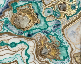 Emerald Green Geode Wall Art, Gold Leaf Resin Artwork, Quartz Crystal Wall Decor, Luxury Abstract Wall Art, Handmade Resin Geode Painting 24