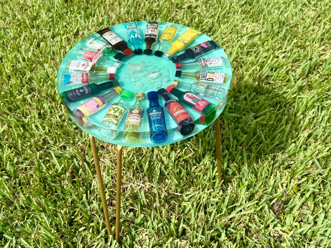 Mini Cologne Table Accent Table With Mini Liquor Bottles & Quartz Crystals | Handmade ...