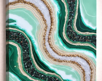Green Agate Resin Geode Wall Art | Handmade Abstract Artwork, Gold Accents