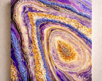 大きなアメジストジオードの絵画：金箔を施した樹脂クリスタルの壁