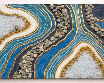 Resin Geode Wandkunst - Quarz Kristall, Blau Grün Gold (30,5 x 60 cm)